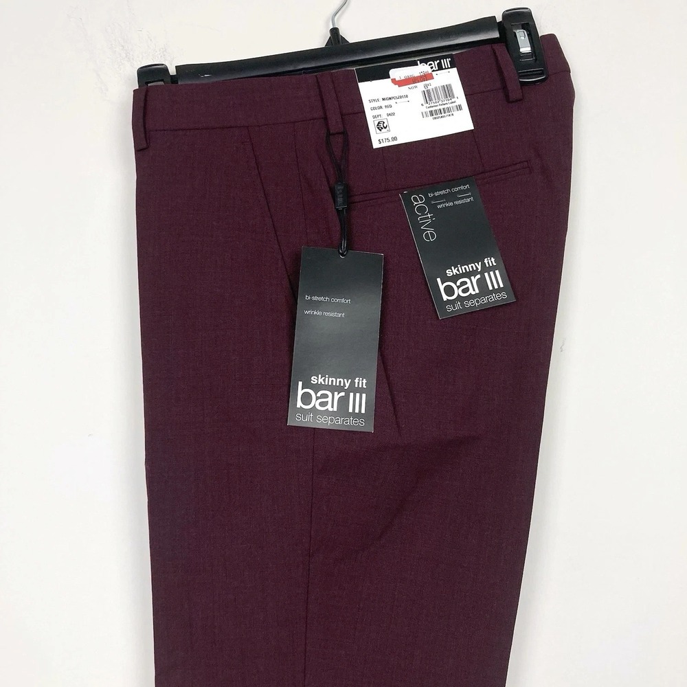 Bar III Mens‎ Skinny fit Dress Pants 32Wx34L Burgundy Red Solid Wool E101509